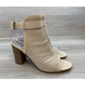 Sam Edelman Sandals Beige Perforated Leather Peep Toe Block Heel Booties 8